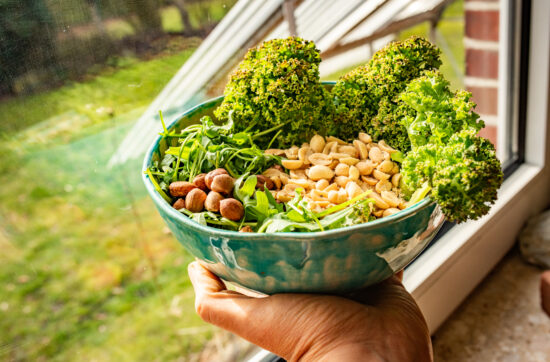 GRÜNKOHL-NUSS-PESTO Zutaten in einer Bowl